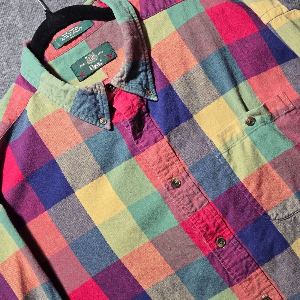 ORVIS AUTUMN PLAID MULTI-COLOR MENS FLANNEL BUTTON SHIRT 100% COTTON 2XL